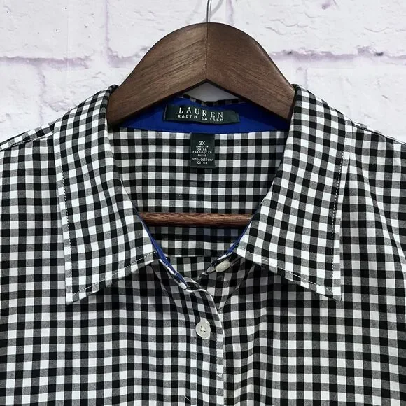 Lauren Ralph‎ Lauren Womens Plus 3X Black White Gingham Button Up Shirt Blouse - Picture 3 of 15